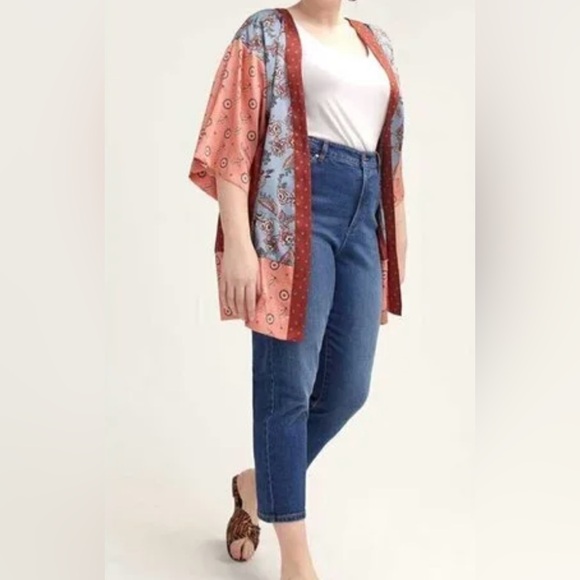 Love and Legend Kimono Duster cardigan sz L soft and flowy mixed patterns - Picture 1 of 6